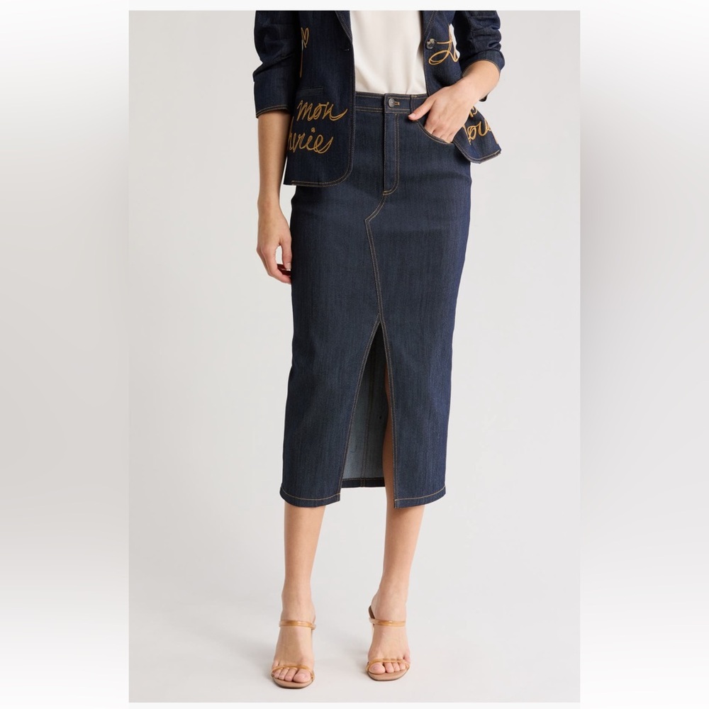 Brand New Cinq a Sept Denim Midi Skirt with Front Slit